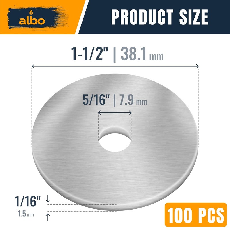 ALBO 100 Pcs Stainless Steel Fender Flat Washers 5/16" x 1-1/2" for Bolts and Screws, 304 Stainless Steel Hardware for Construction and DIY - Image 2